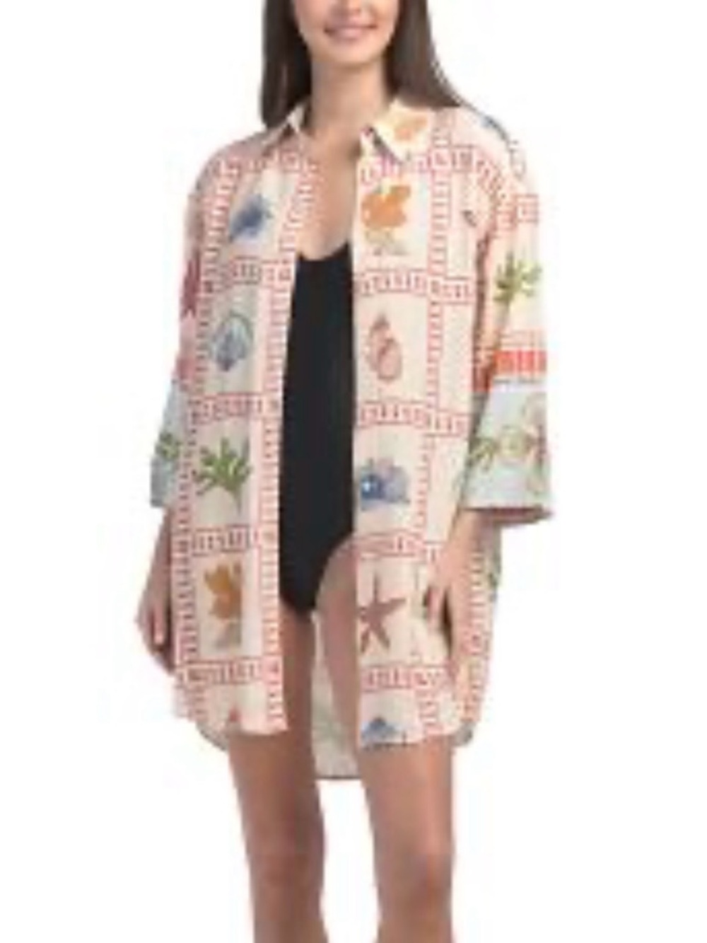 Label of love Printed Beach Cover-Up shirt in Light Pink with beach motifs. S.
